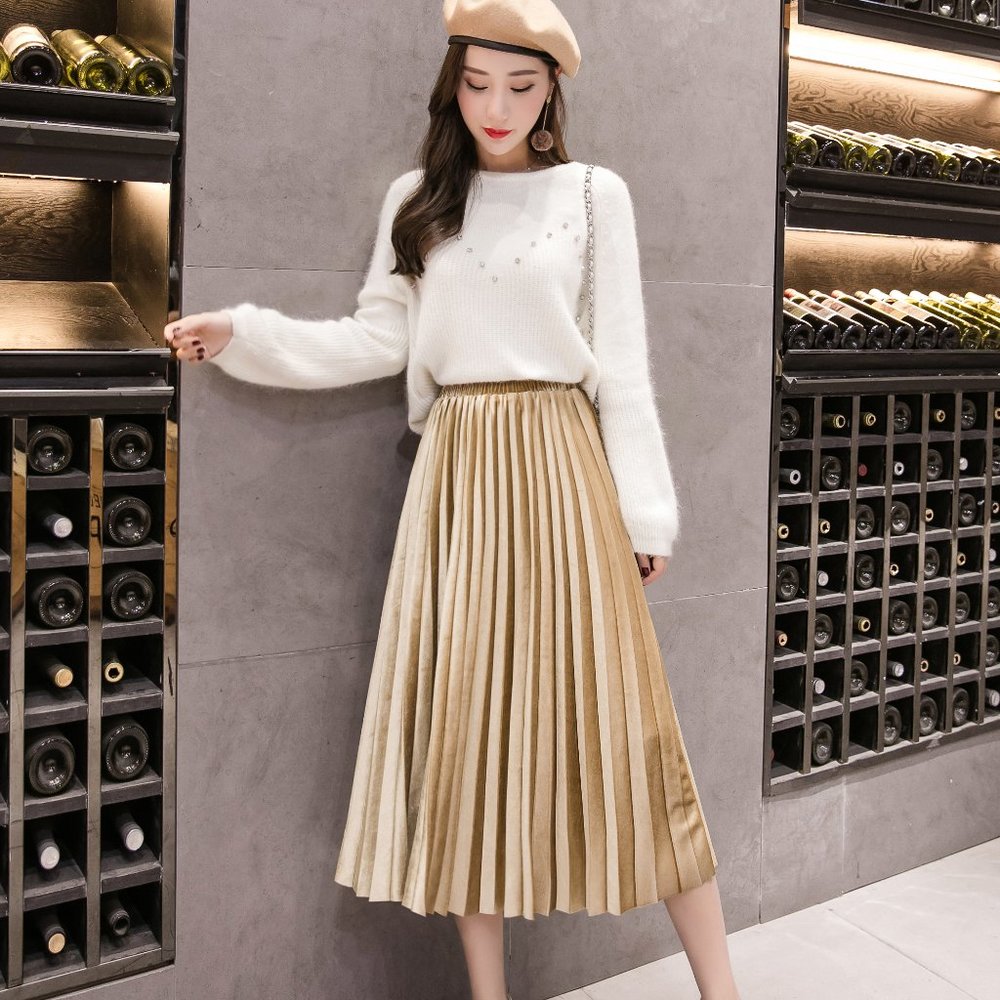 High Waist Velveted Long Maxi Pleated Skirt